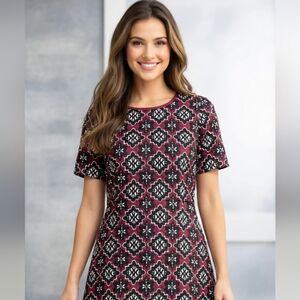 LOFT Quilted Black and Red Geometric A-Line Dress